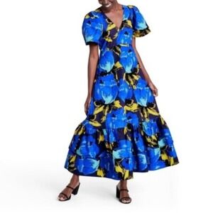 NWT Christopher John Rogers Blue Floral Puff Sleeve Maxi Dress Size 6